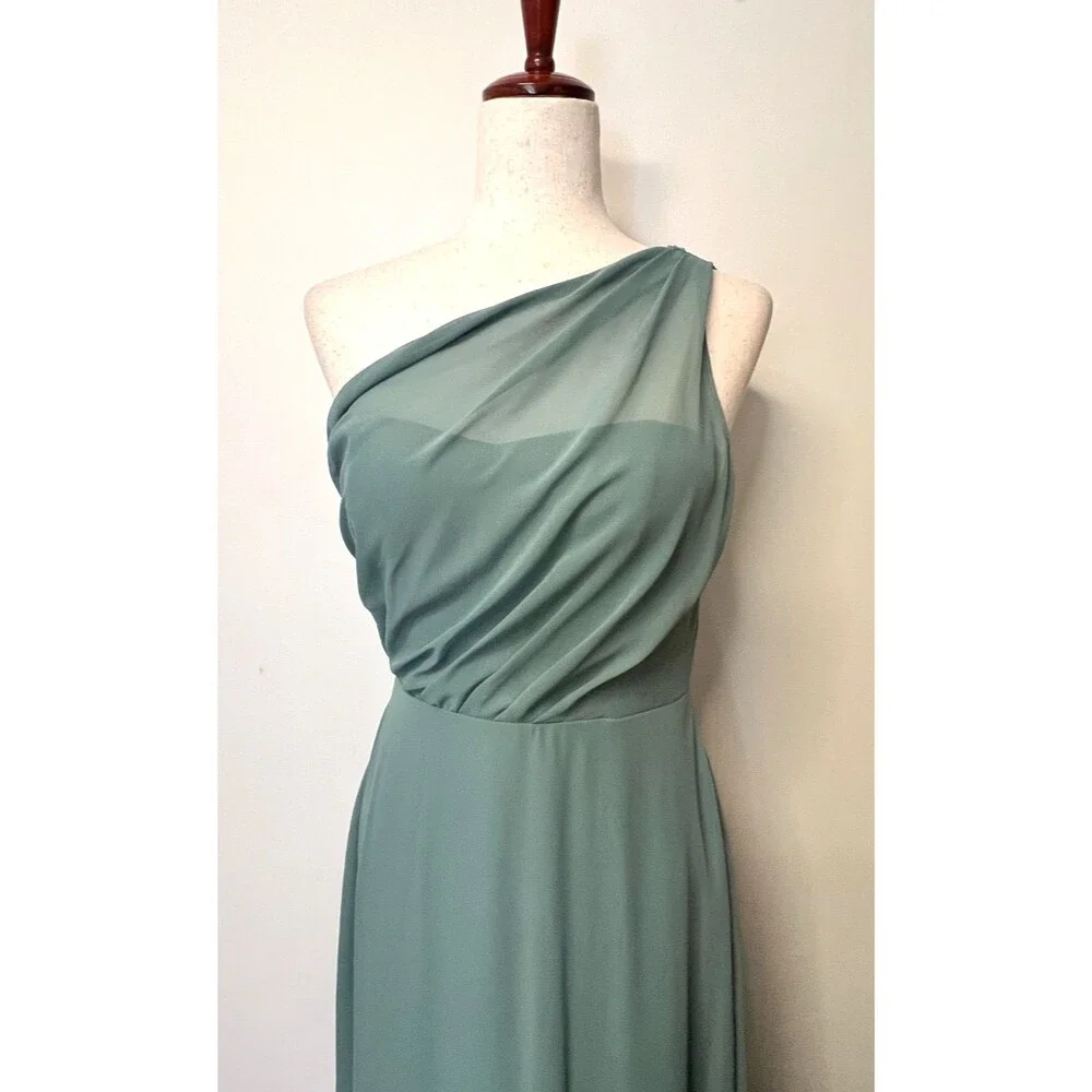 BIRDY GREY Womens S Dress Gown One Shoulder Chiffon Sea Glass Green Goddess Maxi